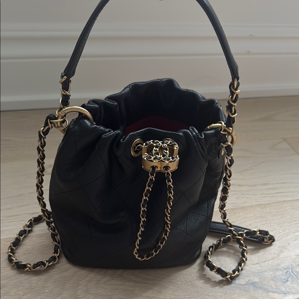 Chanel Drawstring Black Leather Bucket Bag